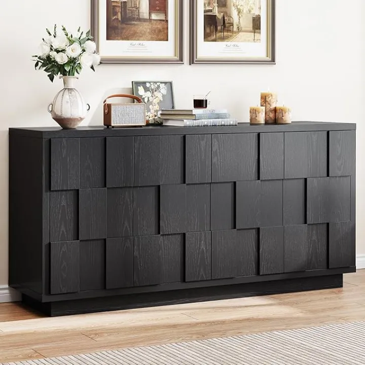 60" Sideboard Buffet Cabinet with Storage, Irregular Panel Design Credenza Mid Century Farmhouse Coffee Bar Cabinet with 4 Doors & Adjustable Shelves for Living Room, Hallway (Black)