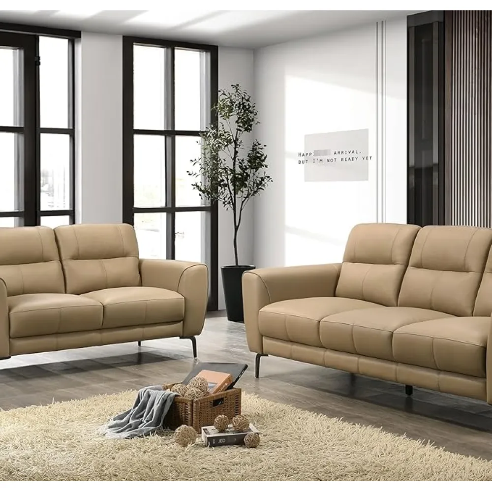 Contemporary Taupe Leather and, Comfortable with Back Cushions Wood Frame Couch, Modern Living Room Decor Seating