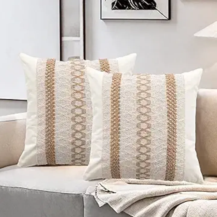 Emvency Boho Neutral Throw Pillow Covers 18x18 Inches Set of 2, Farmhouse Soft Cotton Woven Tan Modern Art Square Decorative Couch Pillowcases for Home Decor Bedroom Sofa Living Room