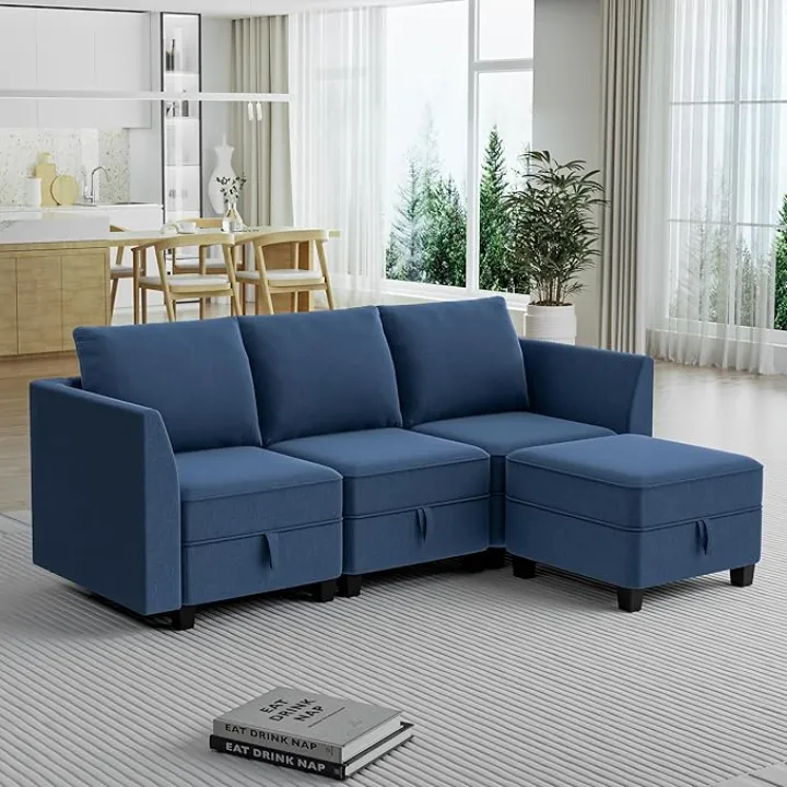 85’’ Modular Sectional Sofa, L Shaped 3-Seater Couch with Storage Ottoman, Comfy Sectionals for Living Room and Home Office, Blue
