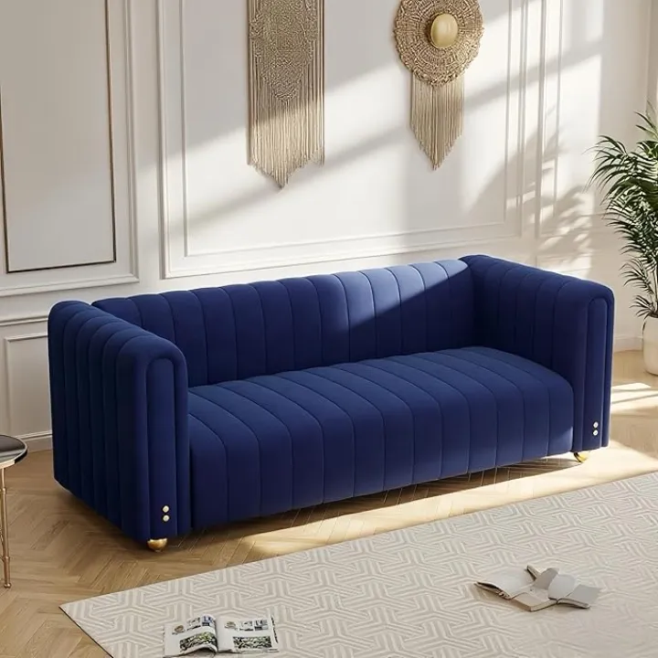81" Mid Century Modern Velvet Loveseat Blue 3 Seater Sofa with Gold Metal Legs Tufted Soft Velvet Couch for Living Room & Apartment