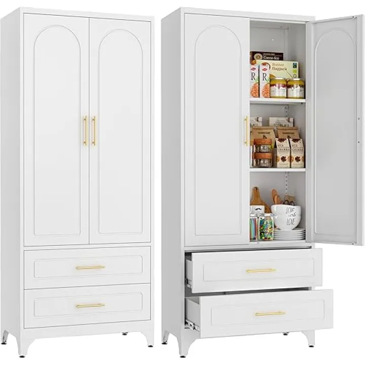 75" Kitchen Pantry Cabinet,Metal Storage Cabinets with 2 Drawers,Pantry Cabinet with Doors and Shelves,White Tall Storage Cupboard for Living Room, Dining Room Office