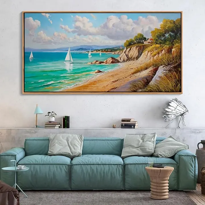 HGUAOA Coastal Wall Art - Large Landscape Wall Art for Living Room, Blue Ocean Wall Pictures, Sailboat & Beach Decor, Rustic Farmhouse Artwork, Bedroom Above Bed Print Decor Painting 29×58IN