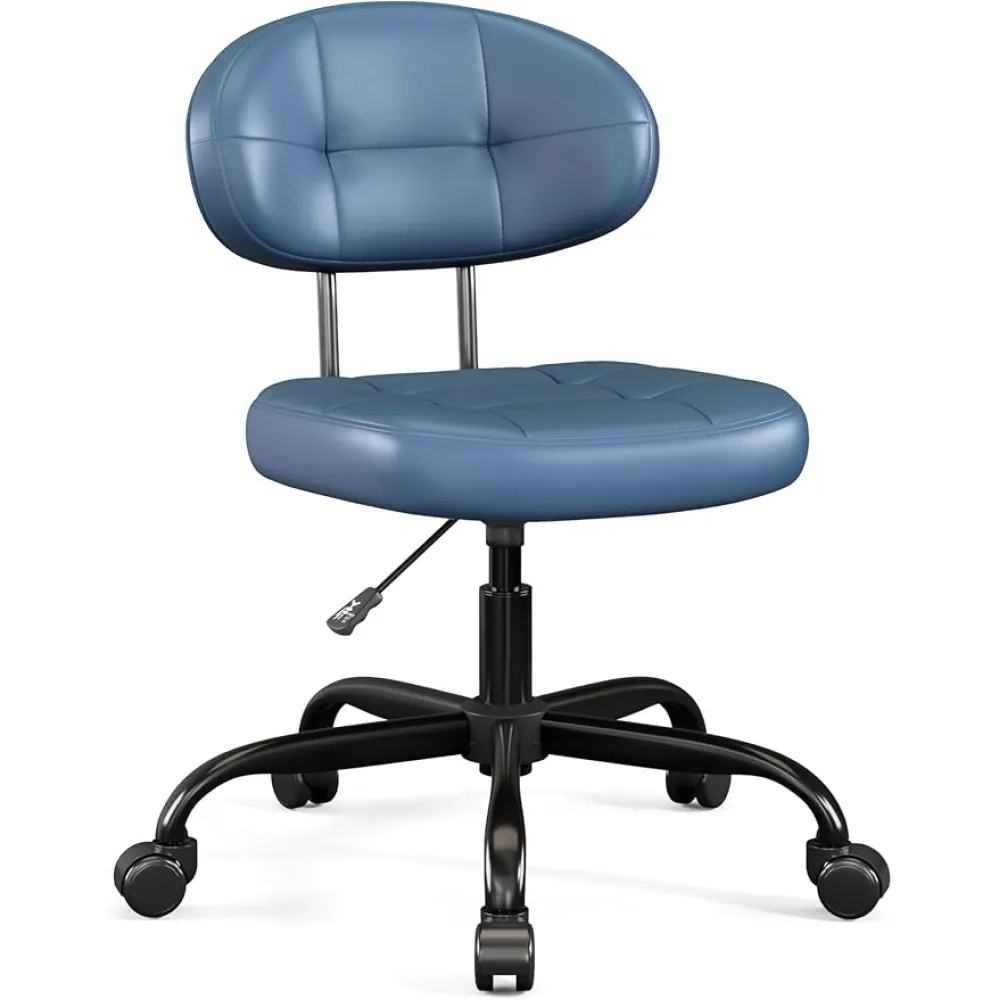 Misolant Vanity Chair with Back, Small Armless Cute Office Chair with Wheels and Lumbar Support, Comfy PU Leather Desk Computer Chairs with Adjustable Height, 360° Swivel for Home Bedroom, Navy Blue