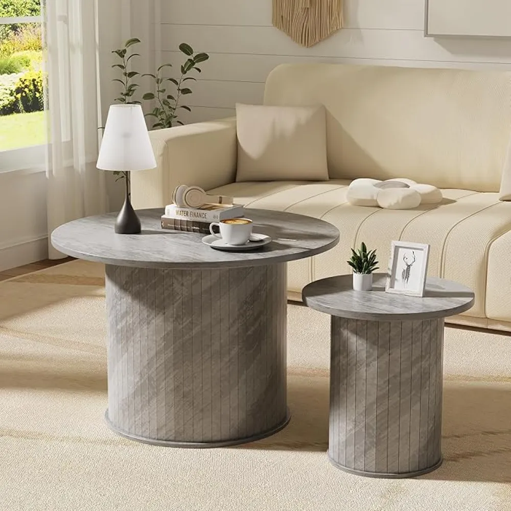 Rustic Nesting Coffee Table Set of 2, Farmhouse Round Side Table for Living Room, Modern Accent End Table, Tambour Design with Grey Finish, for Balcony Yard