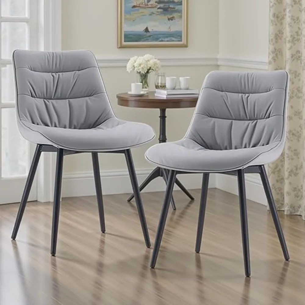 Rowill Dining Chairs Set of 2 Mid Century Modern Kitchen Chair Comfortable Upholstered Faux Leather Dinner Chairs for Kitchen Dining Room, Grey