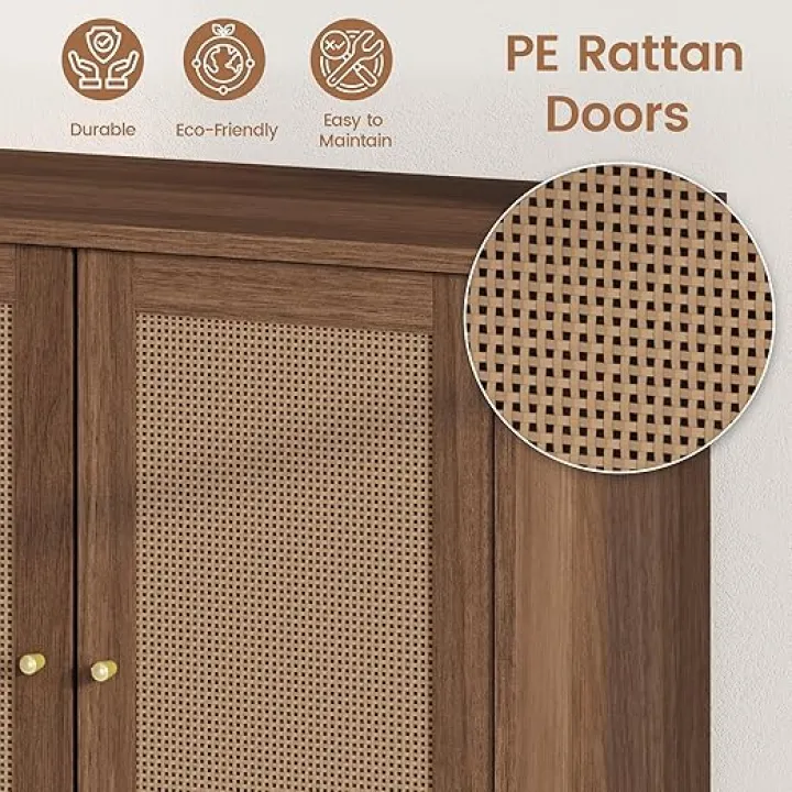 EROMMY Rattan Accent Cabinet, 3-Drawer Storage Cabinet with Rattan Decorated Doors and Solid Wood Feet, Sideboard for Living Room, Entryway, Kitchen and Dining, Natural