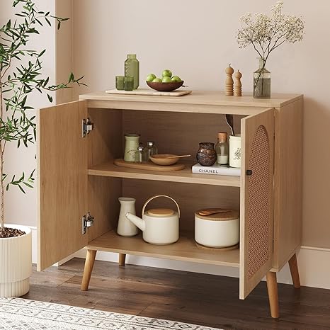 Storage Cabinet with Rattan Doors, 2 Door Oak Buffet Cabinet with Adjustable Shelf, Elegant Sideboard Buffet Table for Modern Home Decor 31.5" Set 2