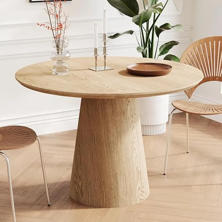 Round Dining Table for 4, Farmhouse Dining Table with Natural Wood Grain, Pedestal Base, Circular Dining Room Table for Kitchen Living Room, 43in Kitchen Round Table for Small Space (Natural)