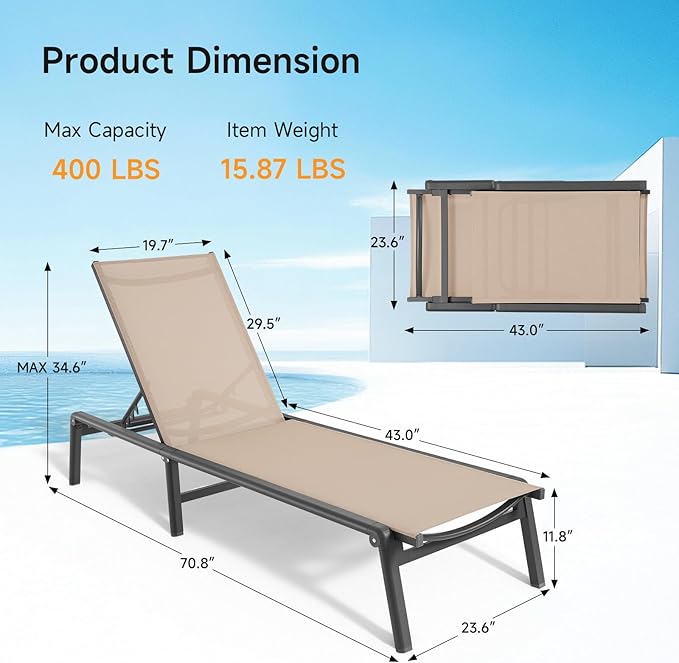 Aluminum Chaise Lounge Chair Outdoor, Foldable & Assembly Free Outdoor Lounge Chair with 5 Position Adjustable Backrest, Patio Pool Lounge Chairs for Outside Poolside Beach Lawn, 1PC, Grey