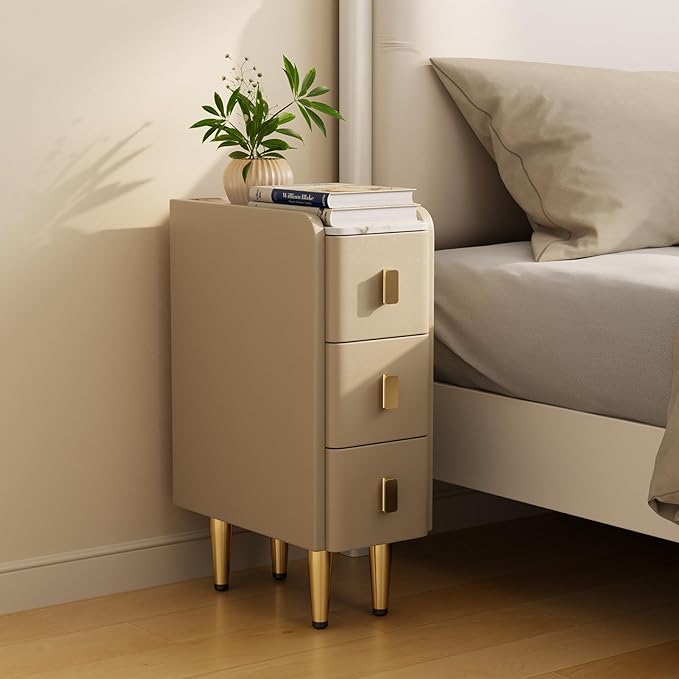 Narrow Nightstand with Drawers, Narrow Side Table Leather, Small Bedside Tables for Bedroom. (Beige)