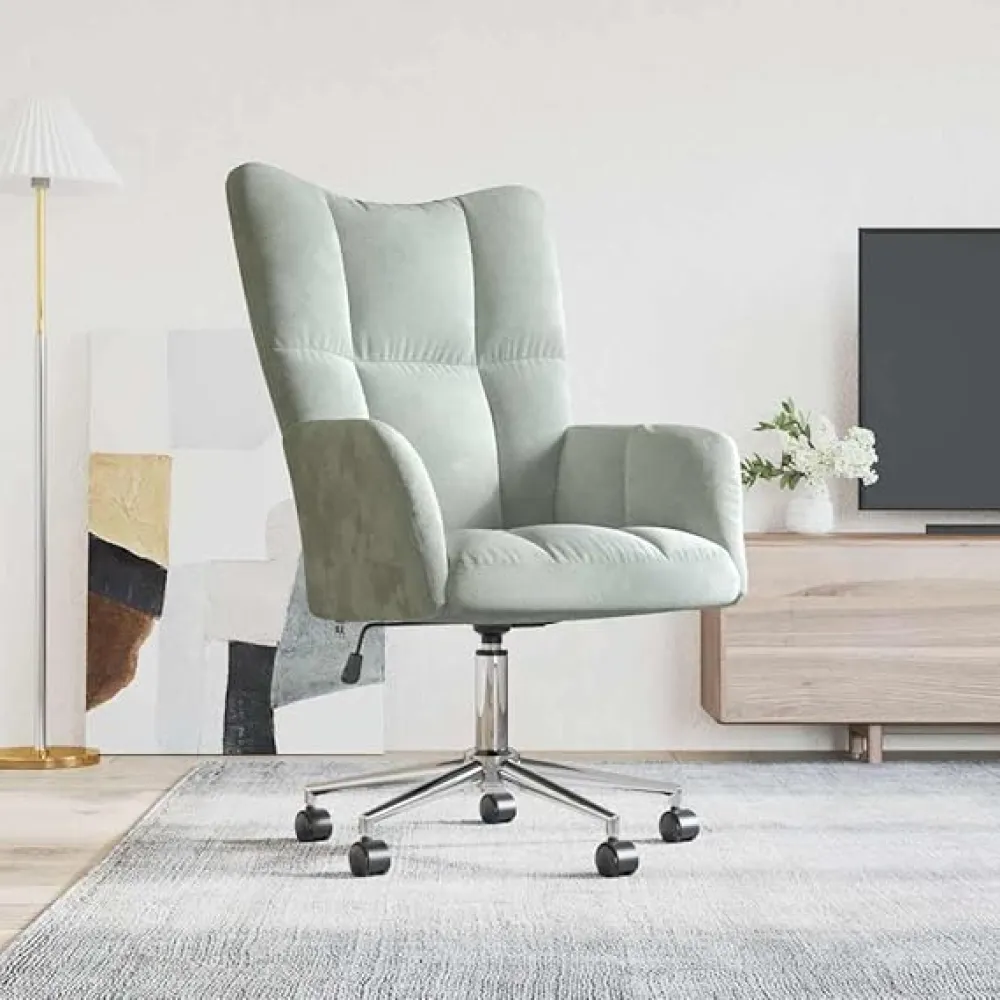 Relaxing Chair Light Gray Velvet,Stylish Velvet Office Chair with Adjustable Height and Rolling Castors Living Room Chairs