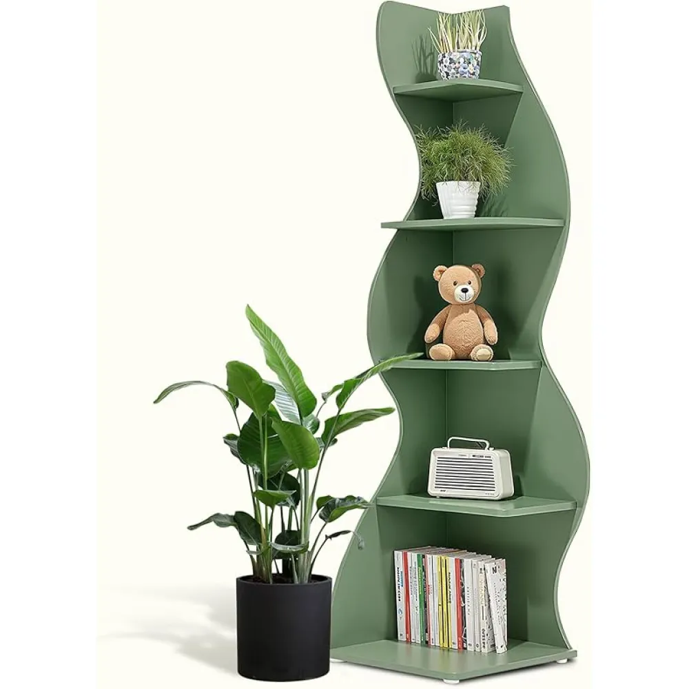 Corner Shelf, 5-Tier Corner Wall Shelf, Modern Corner Shelves Stand Bookcase, Small Display Storage for Living Room, Green
