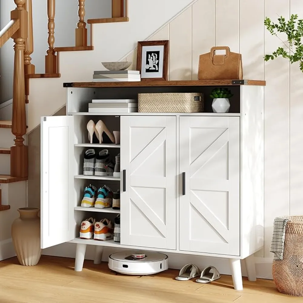 HOOBRO Shoe Cabinet Storage for Entryway, Wooden Shoe Organizer Cabinet With 3 Doors, 39.4" Freestanding Shoe Cabinet Storage for Closet, Entryway, Large Capacity, Farmhouse, White and Walnut WH20SC01