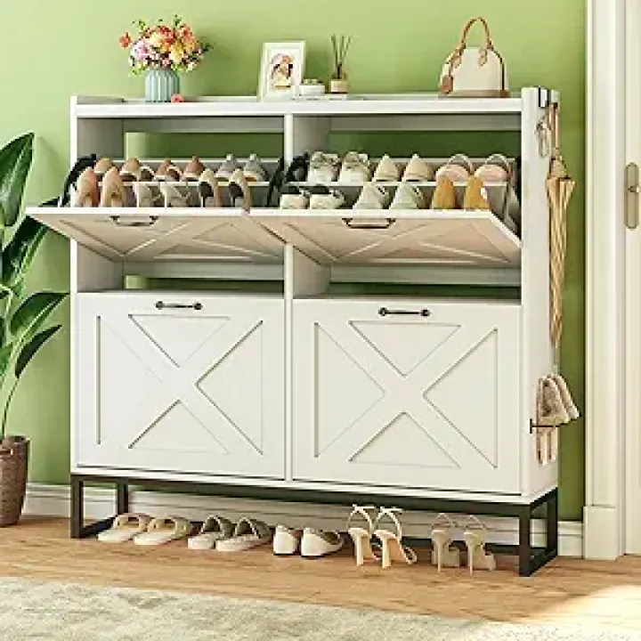 Shoe Cabinet with 4 Flip Drawers, Shoe Storage Cabinet with Mounted Rack & Adjustable Shelves, Shoe Cabinets Storage for Entryway, Hallway, Narrow Shoe Cabinet with Metal Legs, White