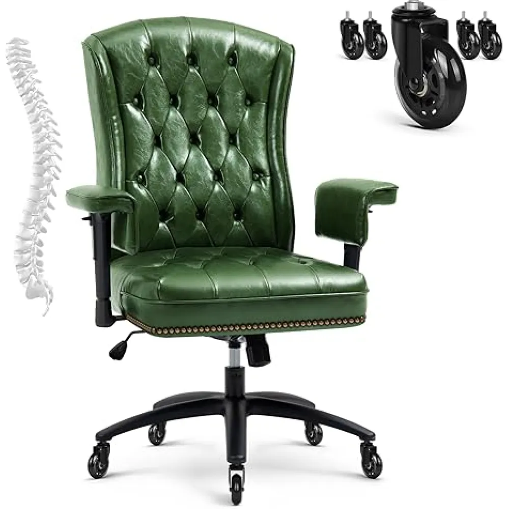 YAMASORO Vintage Office Chair,Executive Leather Desk Chair with Rubber Wheels and Adjustable Arms for Home Office and Living Room,Green