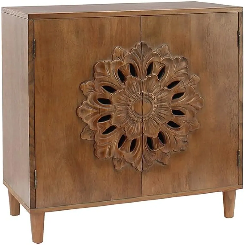 Elegant Vintage Floral Carved Wooden Storage Cabinet with Double Doors, Decorative Sideboard Console Table for Living Room, Dining Room, or Entryway