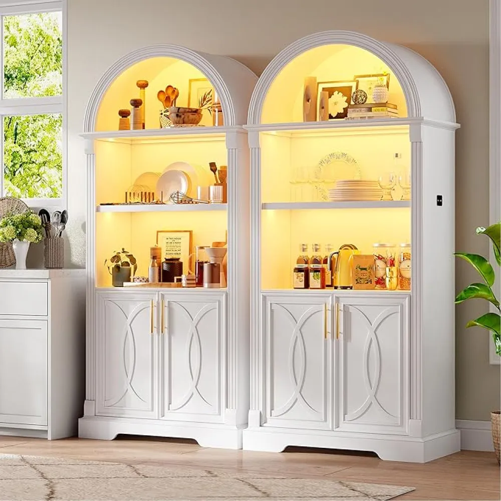 Vlsrka 71" Tall Arched Cabinet, Kitchen Pantry Cabinets, Arched Bookshelf/Bookcase,China Cabinet, Wood Kitchen Storage Cabinets with Open & Adjustable Shelves, Induction 3 Color Lights, White
