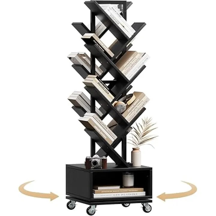 7 Tier Double Sided Rotating Tree Book Shelf, Floor Standing Wood Bookshelf with Adjustable Wheels for Narrow Space, with Storage Cabinet for Books/CDs/Magazine, Black