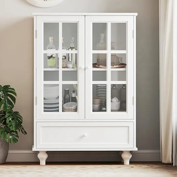 Narrow Glass Display Cabinet, Sideboard with Storage, 38" Kitchen Buffet Storage Cabinet with 2 Glass Doors and 1 Drawer, Mint Green