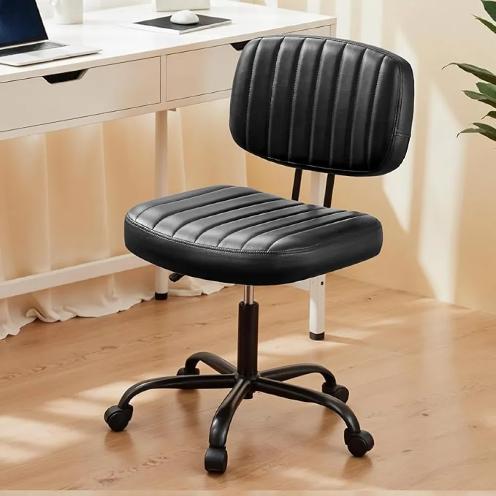Simple Deluxe Small Office Chair, Armless Desk Chair with Wheels, PU Leather Comfy Computer Task Swivel Vanity Rolling Chairs No Arms for Small Space, Home Office, Black