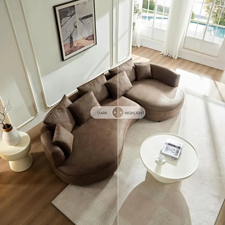 KEIKI 129" Curved Oversized Modular Leathaire Sectional Sofa with Right Chaise, 4 Pillows, 3 Back Cushion, Modern Style Comfy 5-Seater Couch, Easy Assembly, for Office, Apartment, Living Room, Brown