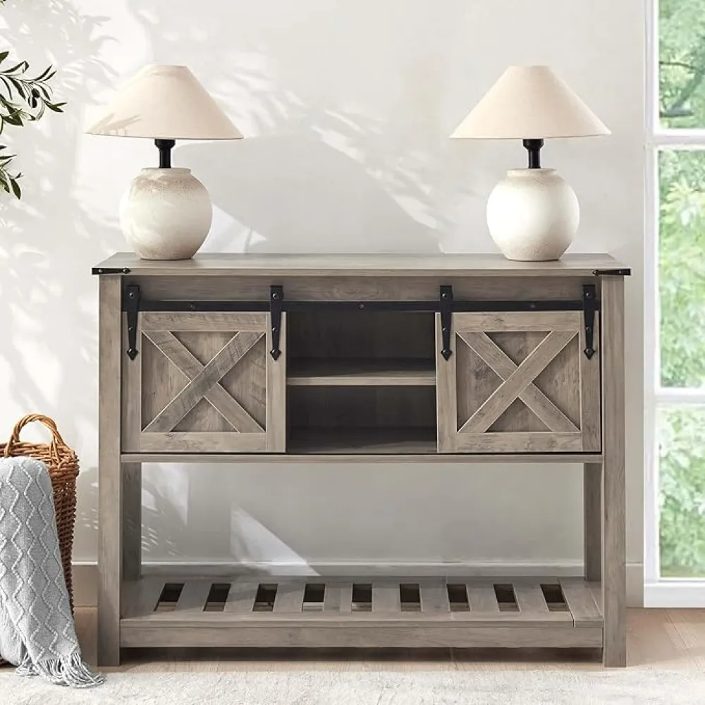 Grey Farmhouse Console Table for Entryway, Sofa Table with Storage Shelf, Hallway Tables with Sliding Barn Doors, Entry Tables for Foyer, Living Room