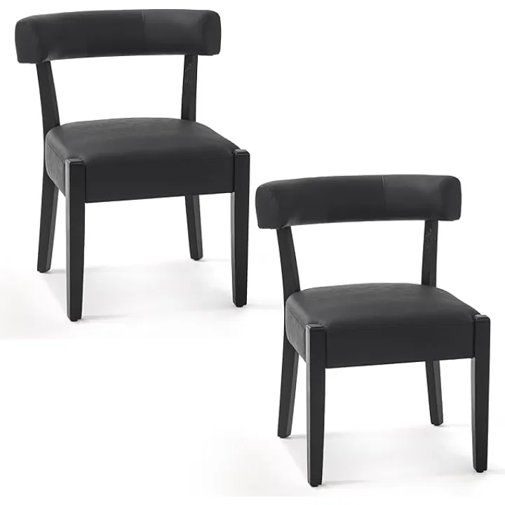 Faux Leather Dining Chairs Set of 2 Upholstered Kitchen & Dining Room Wooden Chairs Mid Century Modern Dining Chairs Low Back, Black