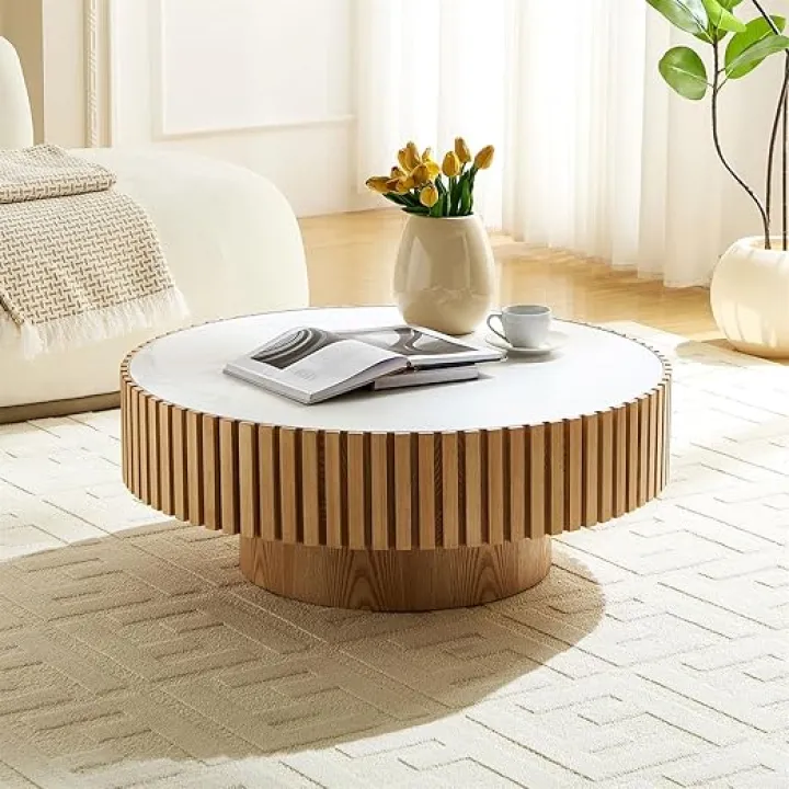 35.43'' Natural Ash Coffee Table Modern Handcraft Drum Round Circle Wooden Solid Wood Veneer Tea Table for Living Room Apartment (Sintered Stone Tabletop)