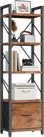 Shintenchi 5 Tier Bookshelf with Drawer, Tall Narrow Industrial Bookcase - Open Standing Shelf Unit, Freestanding Wood & Metal Display Shelves Storage Organizer for Bedroom, Living Room, Rustic Brown
