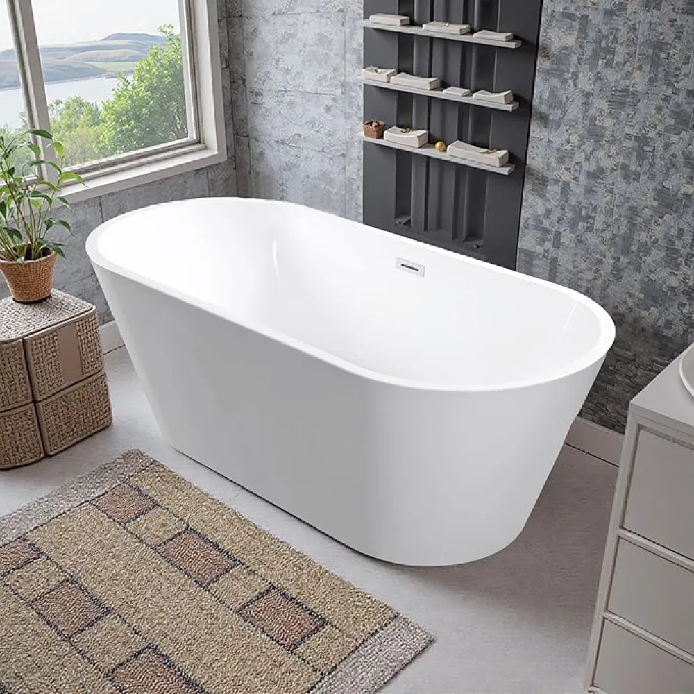 55"Acrylic Free Standing Bathtub, Bath Tub for Bathroom Glossy White, Stand Alone Soaking Tub, Modern Bathtub with Overflow and Drain