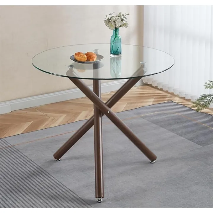 35.4'' Round Dining Table for 4 or 2, Glass Small KitchenTable for Dining Room Living Room, Round Accent Table Tea Table Circular Dining Table, Walnut Metal Tube Legs