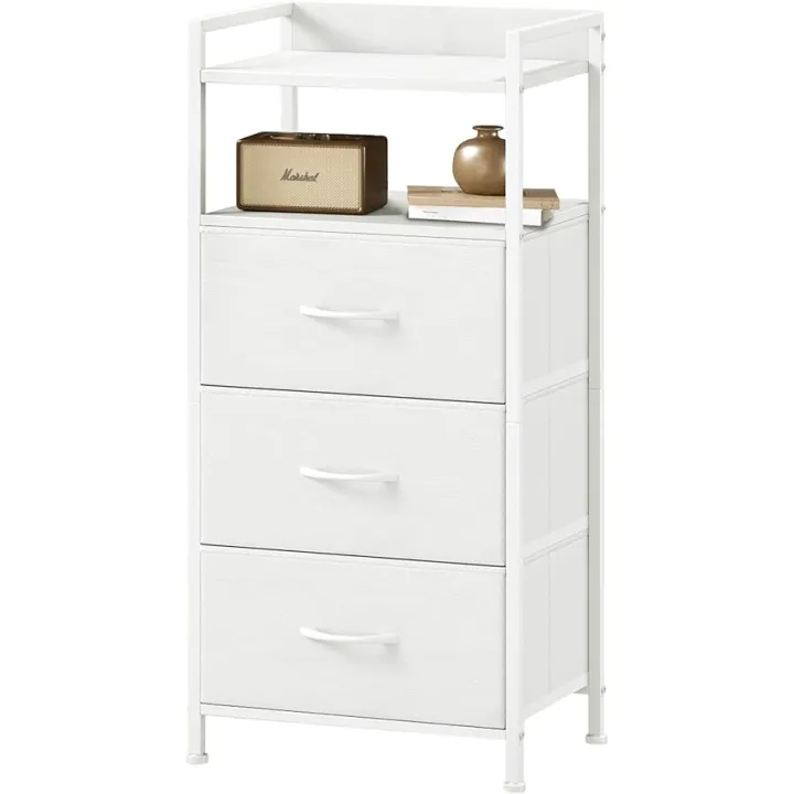 Somdot Nightstand with 3 Drawers, Dresser with Fabric Bins for Bedroom, Hallway, Entryway, Nightstand Bedside Table Furniture, Sturdy Steel Frame, Wooden Top, Easy Pull Fabric Bins, White Leather