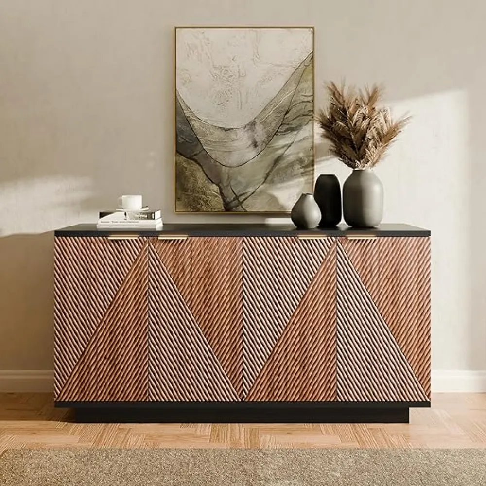 Buffet Cabinet Sideboard, 63.1" Fluted Accent Storage Cabinet with 4 Doors and Shelves, Credenza Cupboard Console for Living Room Kitchen Hallway, Walnut