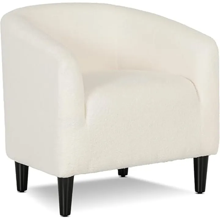 Athena Collection Modern Barrel Accent Chair, Furry Cozy Reading Arm Chair for Adults, Soft Comfy Upholstered Sofa Armchair for Corner, Living Room, Bedroom, Reception Room, White