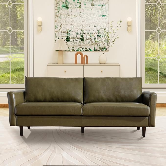 Tbfit 80" Mid Century Modern Couch, Faux Leather Sofa, Couches for Living Room, Bedroom & Office, Olive Green
