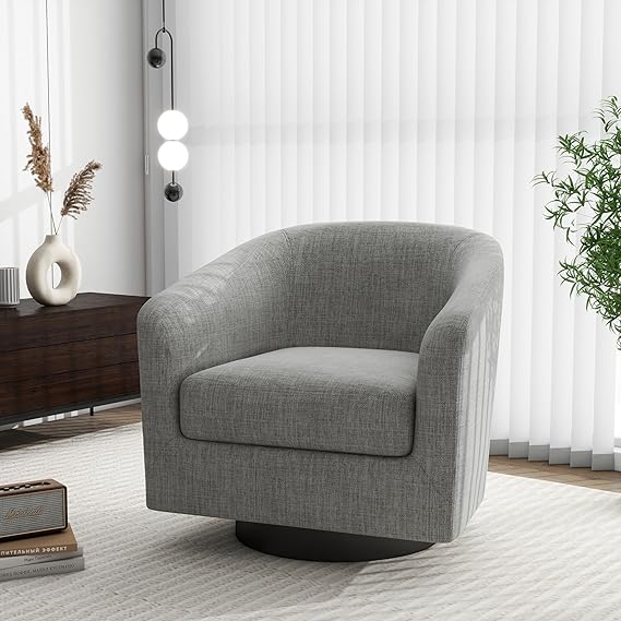 Swivel Barrel Accent Chair, Modern Round Linen Arm Chair for Living Room, Bedroom, Comfy Club Reading Chairs for Adults(Linen Fabric, Light Brown, Set of 1
