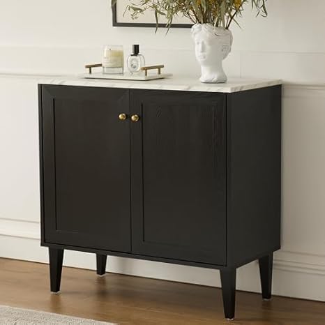 Black Accent Storage Cabinet Modern Freestanding Sideboard Buffet with Faux Marble Top Adjustable Shelves Wood Organizer for Living Room