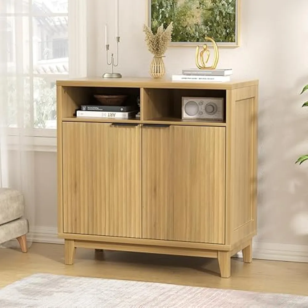 Fluted Sideboard Cabinet with Wavy Door Panel, Solid Wood Leg & Adjustable Shelf, Quality MDF Storage Cabinet for Entryway, Living Room, Dining Room, 15.7" D x 31.5" W x 32.3" H