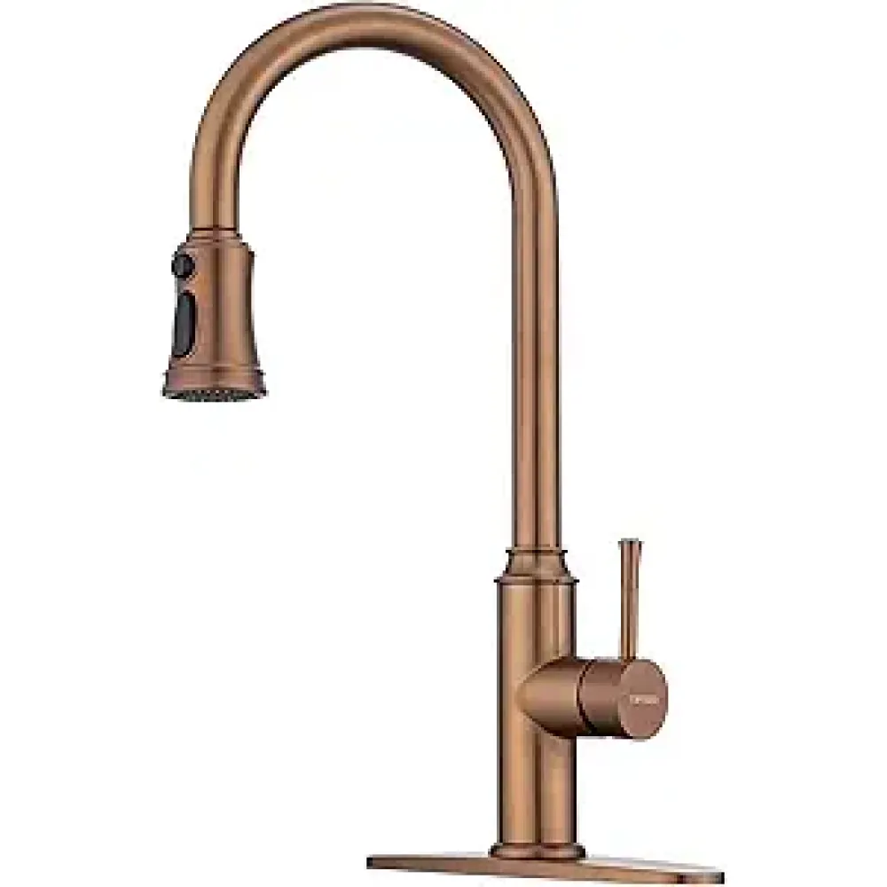 Rose Gold Kitchen Faucet with Pull Down Sprayer,Stainless Steel Gold Kitchen Faucet with Sprayer,High Arc Gold Faucets with Deck Plate for 1 Hole & 3 Holes Kitchen Sink