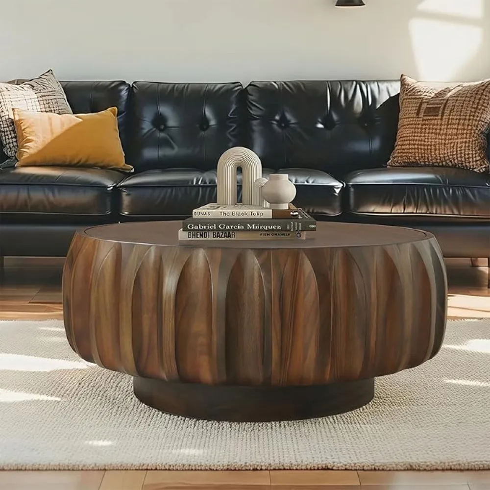31.5" Drum Coffee Table Modern Unique Fluted Tea Table Contemporary Wood Round Coffee Table with Fluted Centry Table for Living Room Walnut