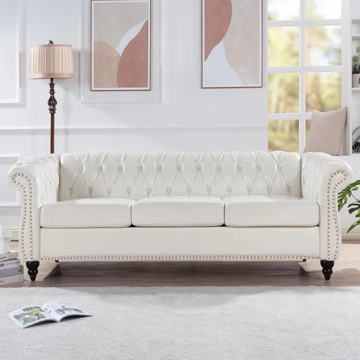 Classic Chesterfield Three-Seater Sofa with Rolled Arms, Soft PU Leather Upholstery, Solid Wood Frame Construction, TB117 Compliant, Easy-to-Assemble Living Room Centerpiece (White)