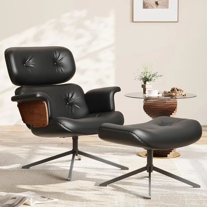 Mid Century Reclining Swivel Chair with Ottoman, Ergonomic Armchair with Comfy Cushion, Walnut Wood Base, PU Leather, Heavy Duty Support for Living Room, Black