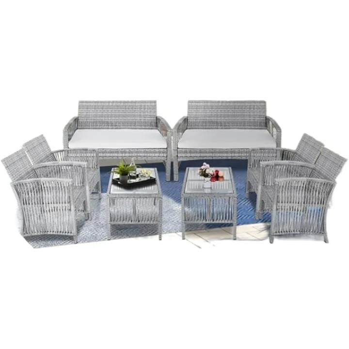 8 Pieces Outdoor Furniture Wicker Chairs Table Patio Set Outdoor Sofa for Garden, Backyard, Porch and Poolside (D As Shown)