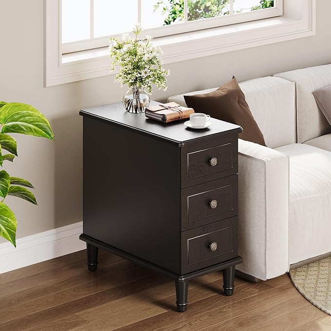 LITTLE TREE Fully Assembled End Table, Narrow Bedside Table with 3 Drawers, Vintage Nightstand for Small Spaces, Living Room, Bedroom, Black