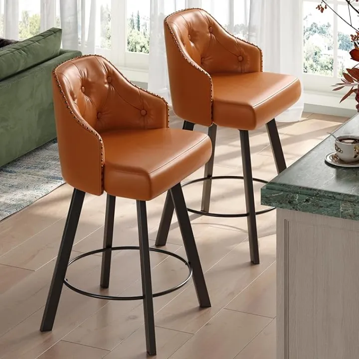 Tatub 26“ Brown Swivel Bar Stools Set of 2, Counter Height Bar Stools with Back, Upholstered Faux Leather Kitchen Barstools Counter Height for Kitchen Island