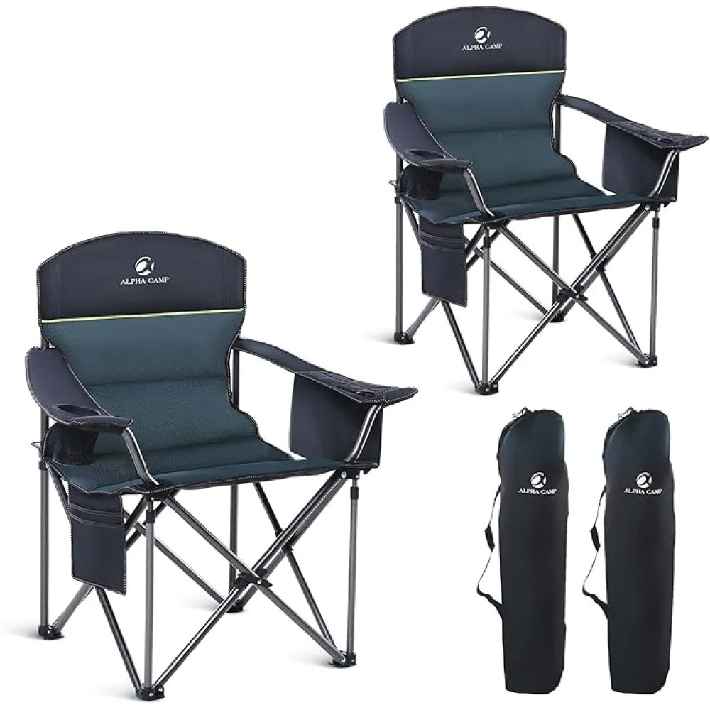 HIGH POINT SPORTS Oversized Camping Folding Chair, Heavy Duty Portable Outdoor Chair, Foldable Camp Chair with Cup Holder and Cooler Bag Support 450 LBS, 2 Pack, Green