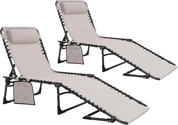 2 Pack Outdoor Foldable Chaise Lounge Chair with Detachable Pillow & Pocket, Portable Tanning Chair with 5 Position Adjustable Back, Patio, Beach and Pool, Cream White
