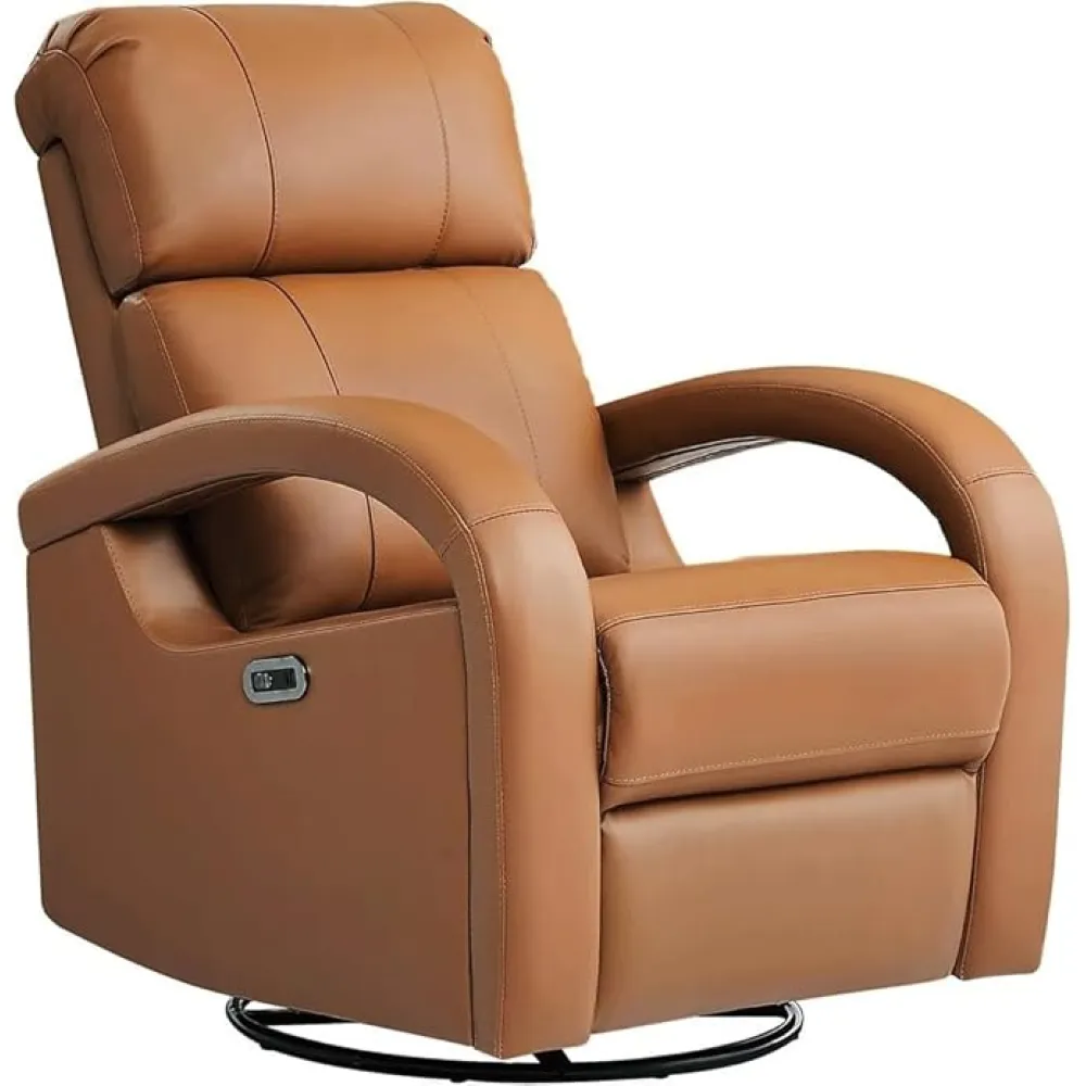 Brown Ergonomic Electric Recliner for Living Room Adults Genuine Leather Sofa with Manual Headrest Modern Stylish Power Swivel Glider Rocker Chair