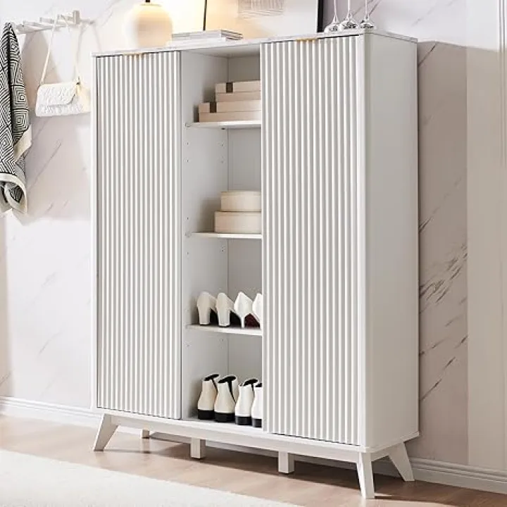 T4TREAM Fluted Shoe Storage Cabinet with 2 Sliding Doors, 6-Tier Adjustable Shelves, 60" Tall Freestanding Shoe Organizer for Entryway, Hallway - Solid White